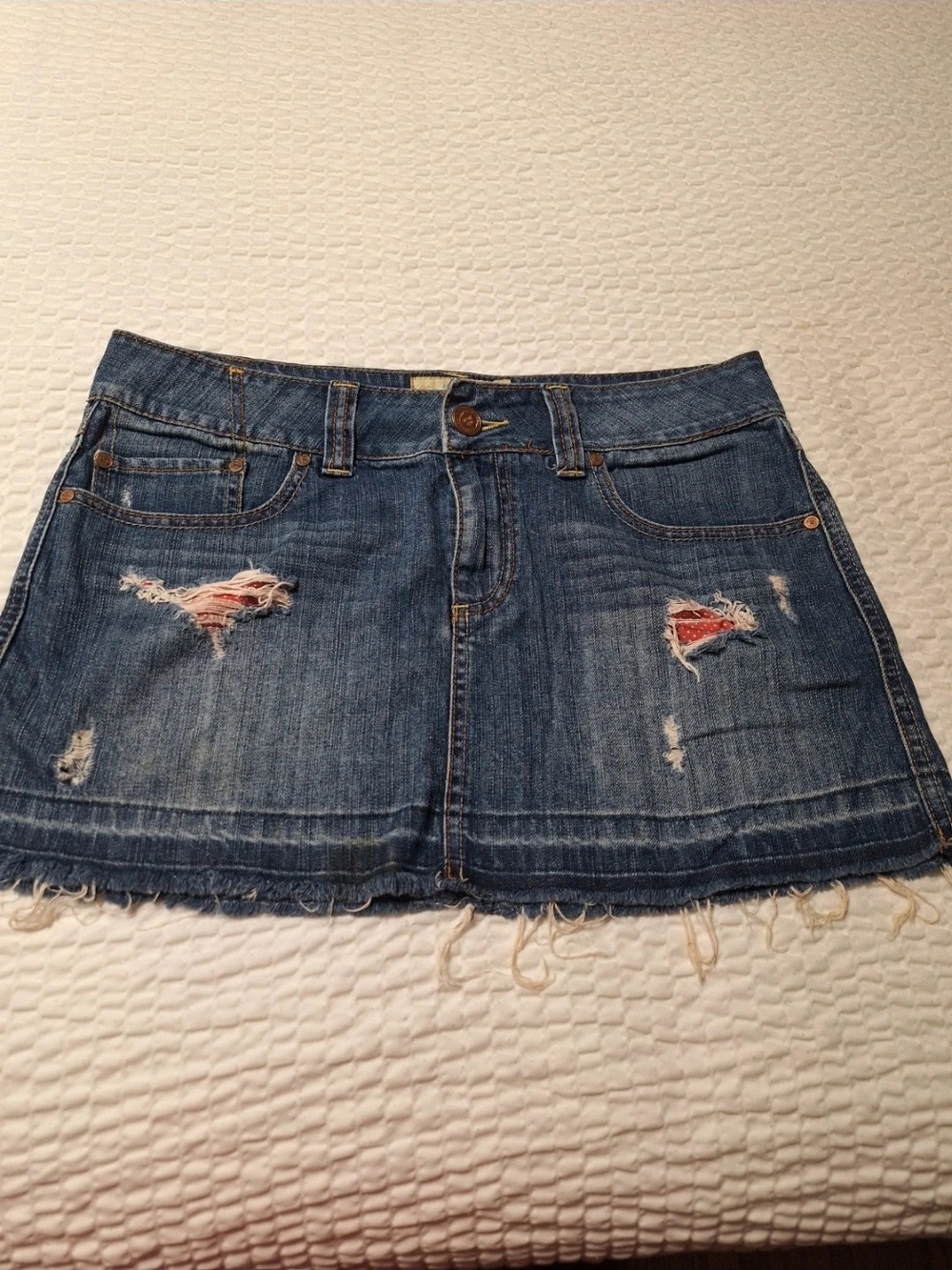 American Rag Distressed Denim Mini Skirt - Blue with Red Accents
